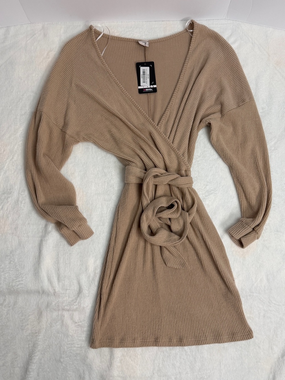 LA Girl Taupe Ribbed Wrap Midi Dress with Tie Waist